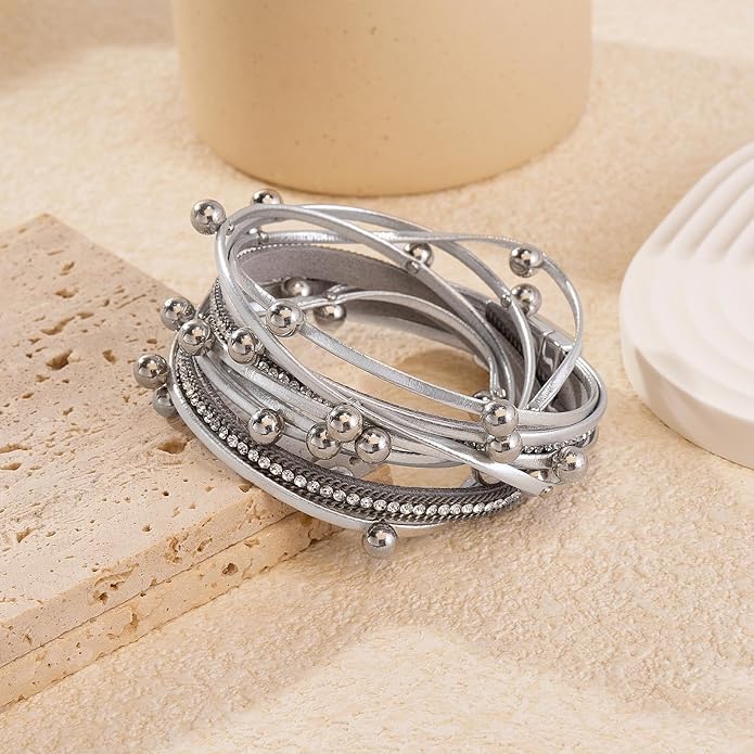 Wrapped Bracelets for Women,Leather Bracelet,Boho Bracelets for Women,Multi-Layer Pearl Crystal Bracelet Bangle Jewelry