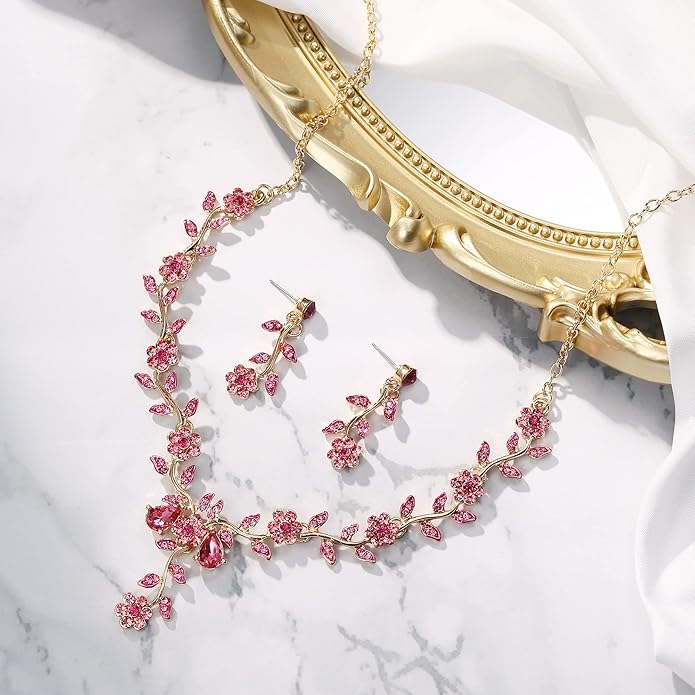 BriLove Women's Wedding Jewelry Leaf Cluster Flower Crystal Dangle Earrings Pendant Necklace Set for Bridal
