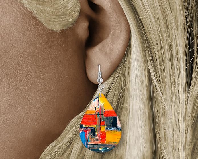 Teardrop Wood Earrings Light Weight Printed Image Dangle Jewelry, Fun and Funky