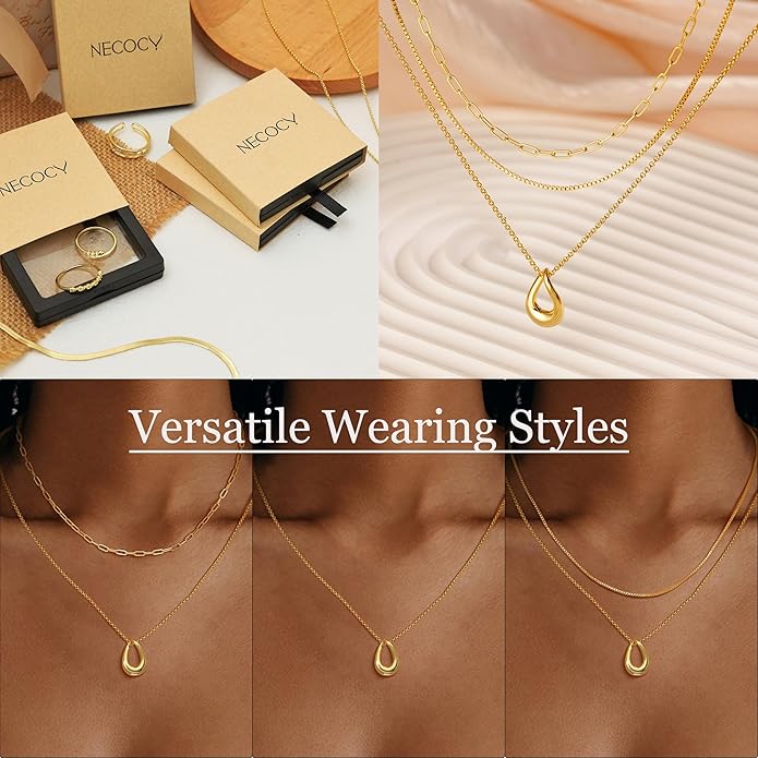 NECOCY Valentine's Day Gift 14k Gold/Silver Plated Layered Gold Necklaces for Women, 3Pcs Dainty Herringbone Choker Set, Trendy Stack Simple Chain Layering Pendant Jewelry