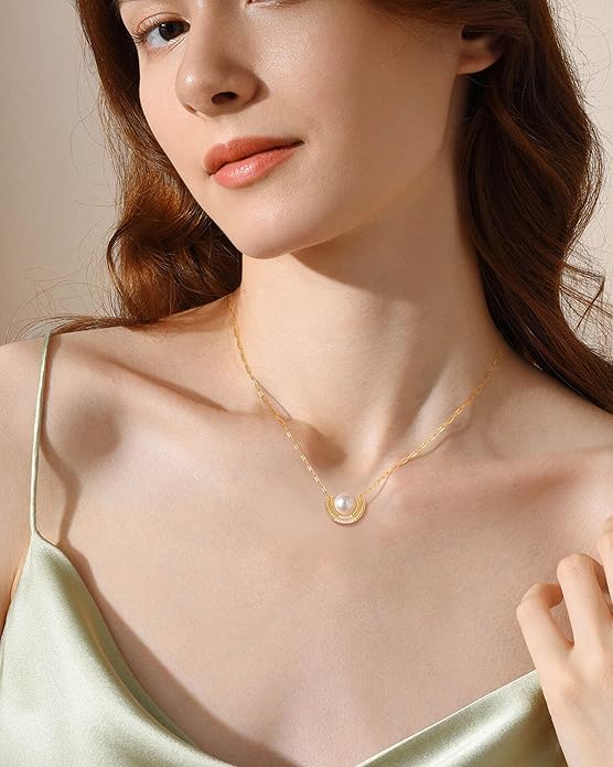Pearl Necklace for Women with 14K Gold Plated S925 Silver & Butterfly Pendant Necklace, 17.7"+2" Chain Length, Gift for Birthday, Mothers Day, Christmas, Anniversary, Graduation