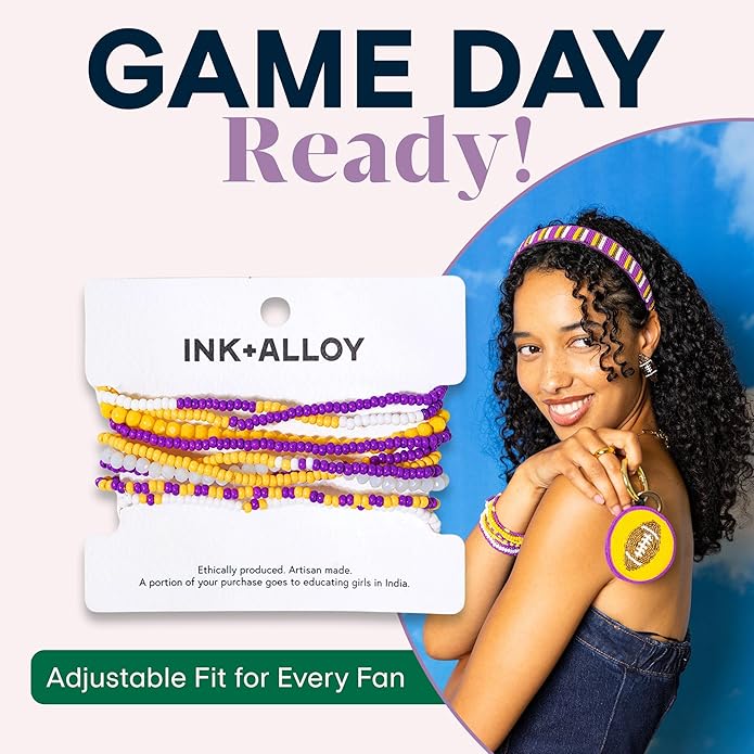 INK + ALLOY Game Day Bracelet Stacks, Beaded Bracelets for Football Gameday Outfits, Handmade Jewelry for College Students, Teachers, Football Moms, Set of 10