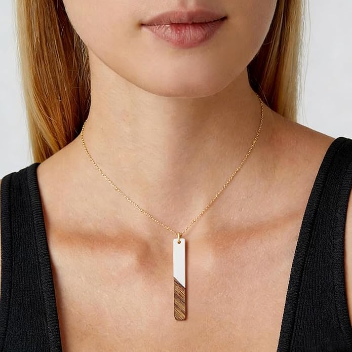 Bar Necklace Earrings for Women 16K Gold Plated Trendy Geometric Jewelry Set Boho Lightweight Wooden Resin Bar Pendant Necklace Dangle Earring Set,Gift for Her,Mom,Wife