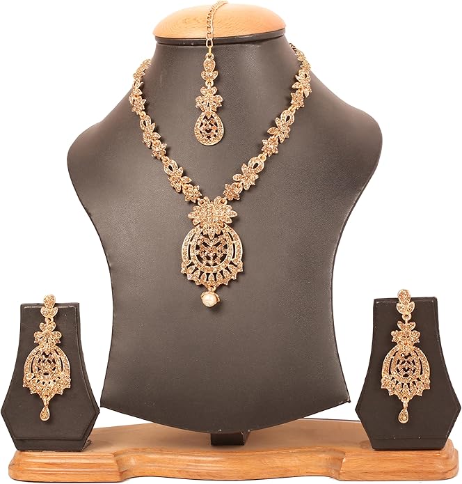 Touchstone Indian jewelry sets for women maang tikka wedding guest gold necklace bollywood jewellery set pageant elegant prom bride accessories western crystal chunky rhinestone necklaces