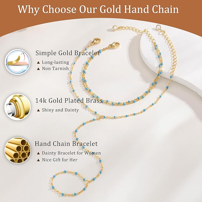 CHESKY 14K Gold Plated Hand Chain Bracelets for Women Set - Dainty Finger Ring Bracelet Stack Adjustable Hand Chains Durable Beaded Bracelets Trendy Simple Body Jewelry Gift for Women