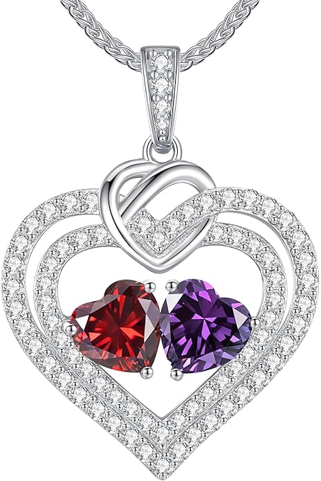 LOUISA SECRET Sparkling Double Heart Birthstone Necklaces for Women, 925 Sterling Silver Fine Jewelry, Pendant Heart Necklaces Birthday Anniversary Christmas Gift for Women Wife Mom Girlfriend Lady