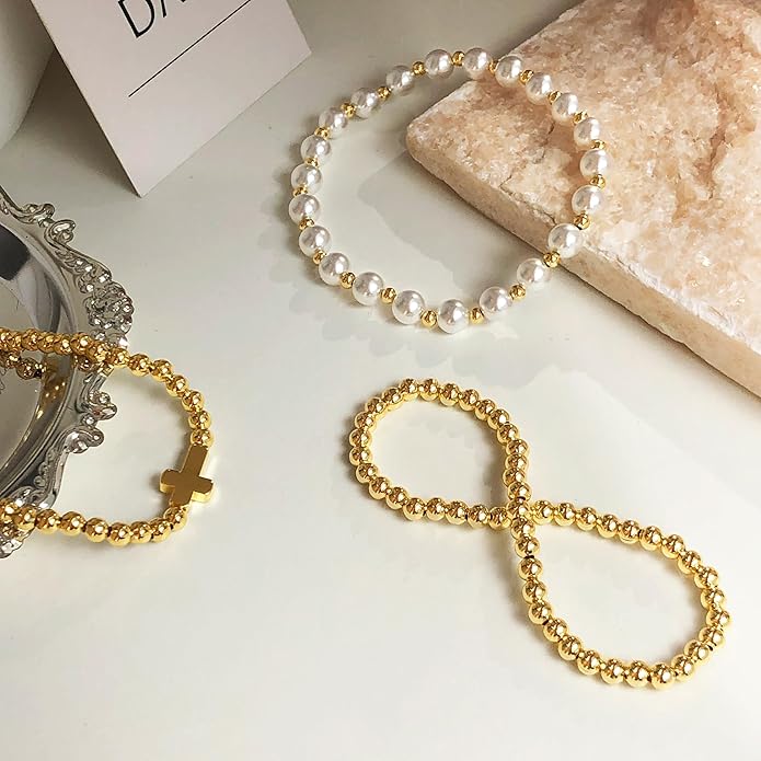 Zeffy Gold Pearl Beaded Bracelet for Women, 14K Gold Plated Jewelry Set With Paperclip Link Chain, Trendy Stack Bracelets