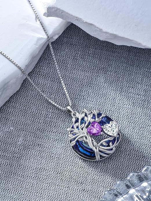 TOUPOP s925 Sterling Silver Family Celtic Tree of Life Pendant Necklaces with 2 Heart Birthstone with Blue Austrian Crystal Jewelry Birthday Valentines Day Gifts for Her, Anniversary Christmas Gifts for Wife Girlfriend Mom (18K Real White Gold Filled)