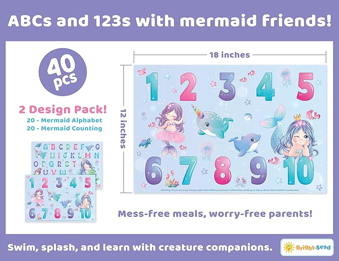 Disposable Placemats for Baby, Toddlers and Kids, 40 Disposable Baby Placemats for Restaurant, Dining Table & Travel, Learning Placemats for Kids, Toddler Travel Essential, Mermaids ABC & Numbers