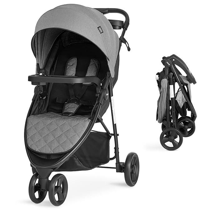 Evolur Breeze Stroller in Grey, Adjustable Backrest & Canopy, Compact Fold Lightweight Baby/Toddler Stroller with Storage Basket