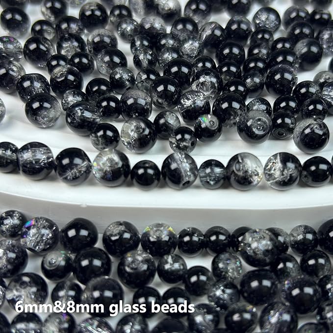300pcs Crackle Glass Beads, 6mm and 8mm Black Crystal Glass Beads Round Loose Spacer Bulk Beads for DIY Craft Earring Necklace Bracelet Jewelry