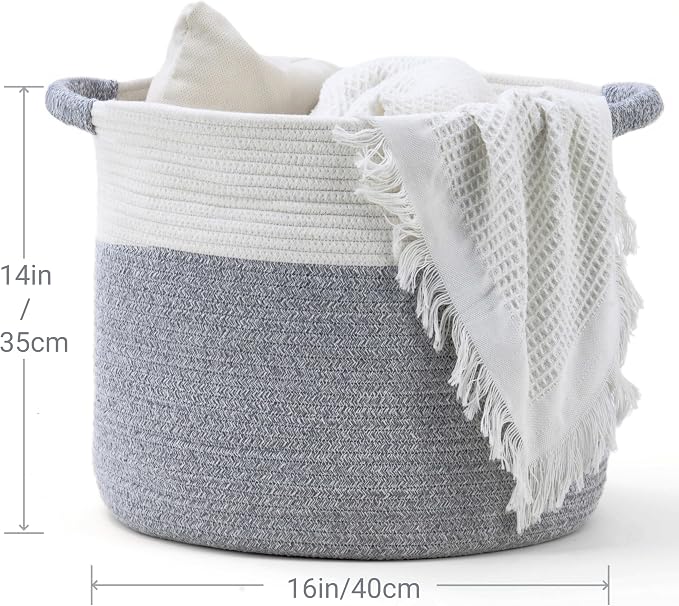 Blanket Basket for Living Room, Woven Rope Storage Basket | 16"D x 14"H | White - Image 3