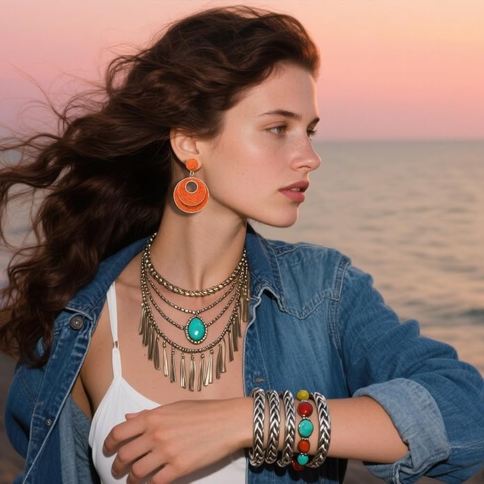 Raffia Hoop Earrings for Women - Boho Straw Wiker Dangle Drop Earrings for Summer Beach, Bohemian Trendy Rattan Jewelry