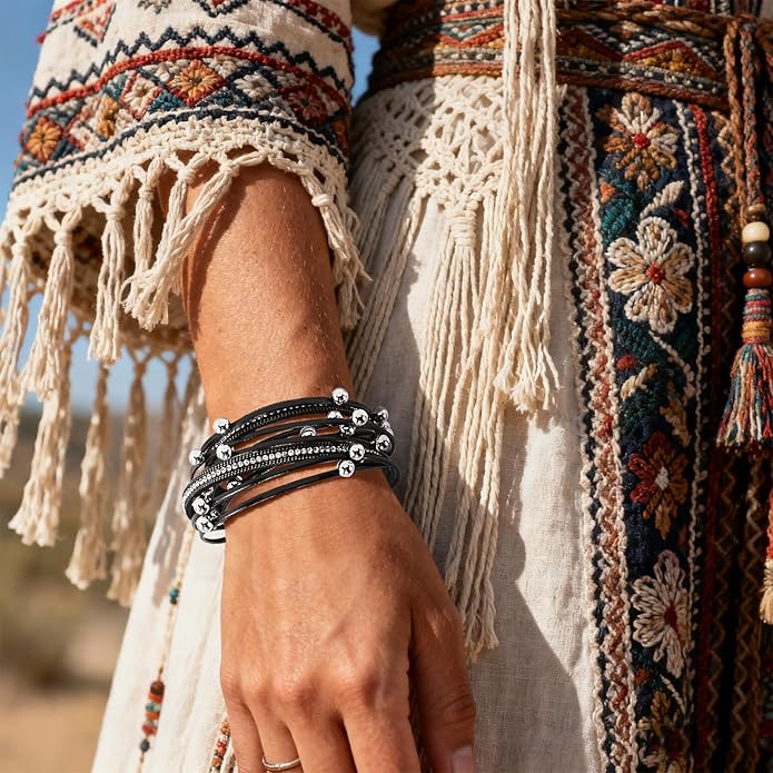 Wrapped Bracelets for Women,Leather Bracelet,Boho Bracelets for Women,Multi-Layer Pearl Crystal Bracelet Bangle Jewelry