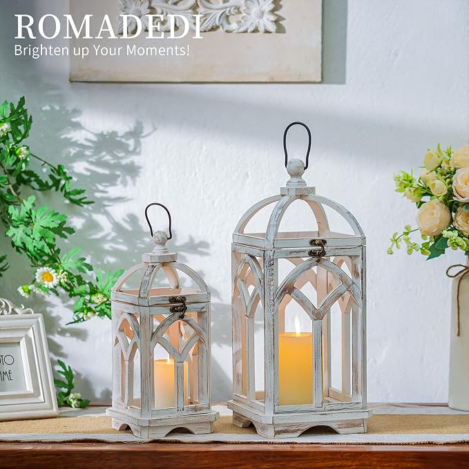 Romadedi Set of 2 Farmhouse Wood Candle Lanterns Decorative, or Patio - Image 2