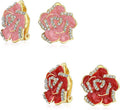 Pink Red Enamel Flower Crystal Edge Spring Retro Floral Rose Clip On Earrings For Women Non Pierced Ears 14K Gold Plated