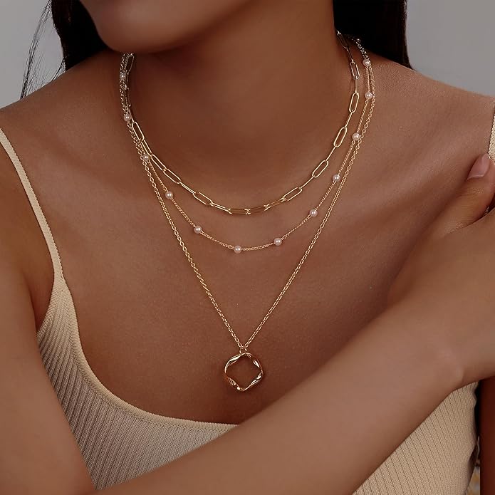 Evabelle Gold Layered Necklace for Women Trendy Jewelry 14K Real Gold Plated Chunky Chain Stackable Necklaces Dainty Choker Necklaces Rectangle Square Pendant