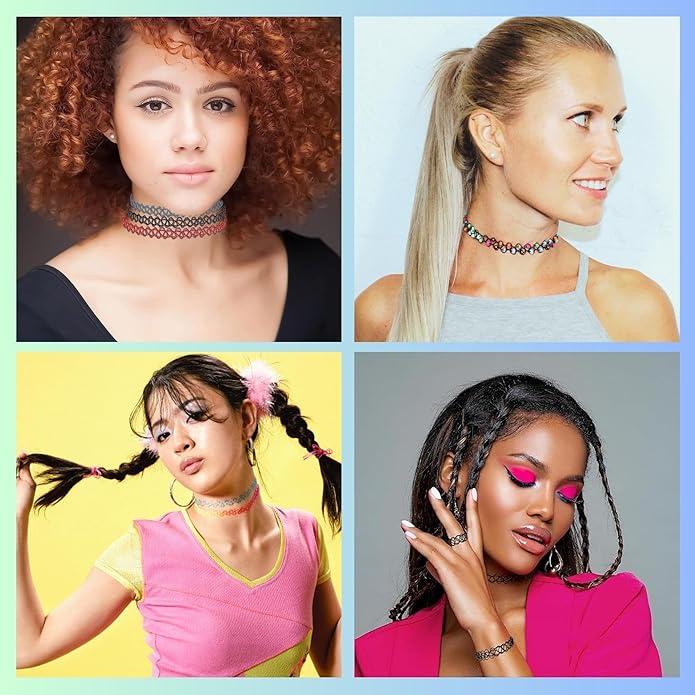 BodyJ4You 12PC Tattoo Choker Necklace for Women - 90s Choker Necklaces Y2K Fashion Trendy Vintage - Emo Black Choker Rainbow Pink White Purple Neon Green Blue Daisy Flower
