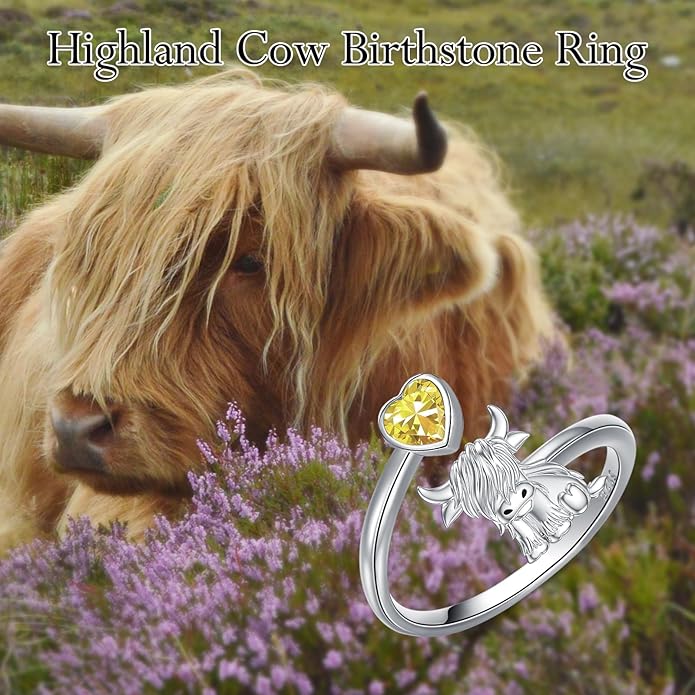 Highland Cow Ring 925 Sterling Silver Adjustable Ring Birthstone Ring Engraved Name Highland Cow Gifts Jewelry for Women