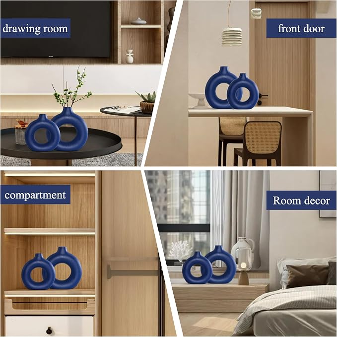 Blue Ceramic Donut Vase Set of 2, Hollow Round Matte Pampas Flower Vases - Image 5