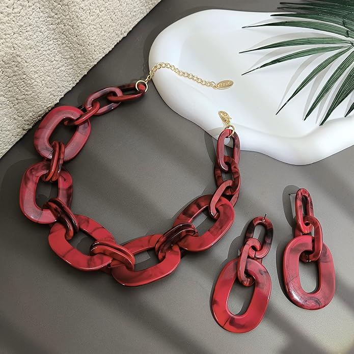 Bocar Acrylic Chunky Statement Necklace for Women Cube Link Chain Collar Necklace and Hoop Earrings Costome Jewelry Set