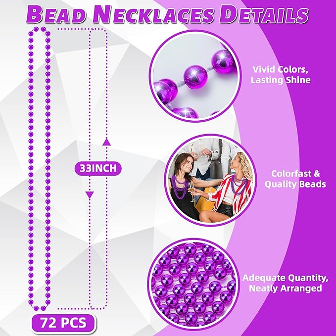YAXINRUI 72 PCS Purple Bead Necklace, Purple Mardi Gras Beads, Halloween Necklaces, 33 Inch Round Party Beads for Mardi Gras Christmas Halloween Party Favors