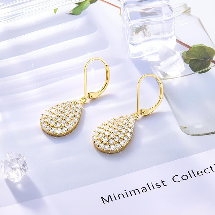 ALEXCRAFT 925 Sterling Silver Dangle Earrings, 14K Gold Plated Heart Waterdrop Earring for Women Trendy Hypoallergenic Leverback Earings Wedding Cubic Zirconia Dangle Earrings Jewelry for Women