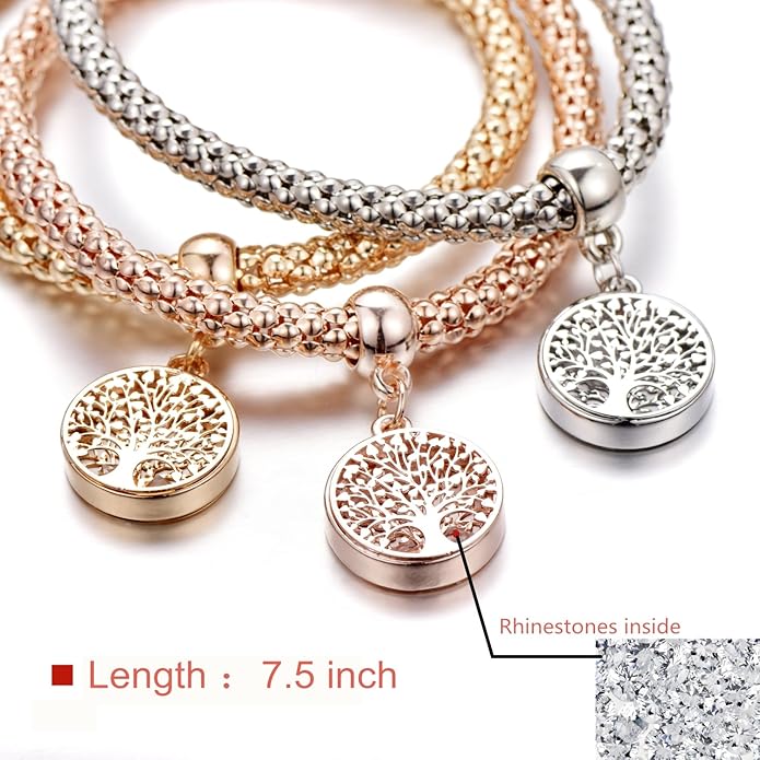 Crystal Charms Multilayer Bracelets - 3PCS Gold/Silver/Rose Gold Corn Chain Bracelet for Women, Tree of Life Heart Shaped Stretch Bracelet