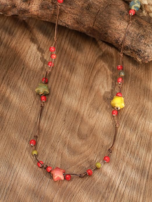 MINACHI Hippie Bohemian Colorful Ceramic Bead Long Strand Necklace, Boho Hippie Beach Summer Statement Jewelry Gift for Women