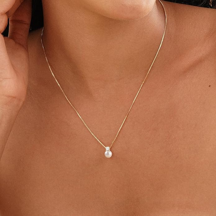WFYOU Pearl Necklaces for Women Trendy 6MM 8MM 10MM Dainty Round Natural Freshwater Pearl Necklace Silver 14K Gold Plated CZ Pearls Necklaces for Women Birthday Bridesmaid Wedding Gifts Pearl Jewelry