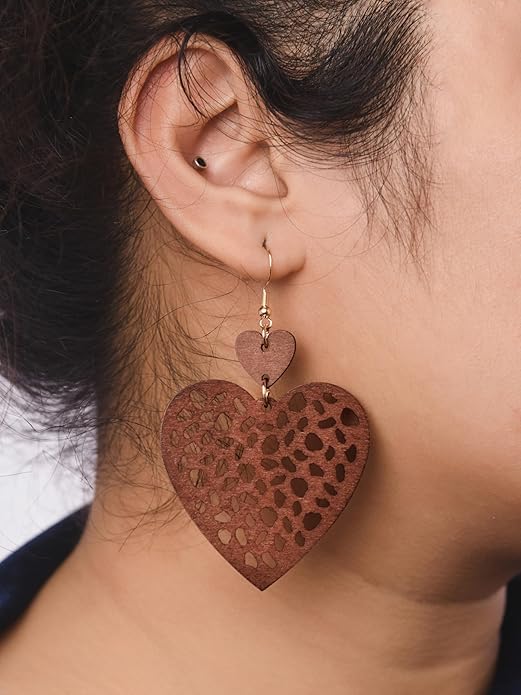 MINACHI Bohemian Hollow Cut-Out Wood Leather Dangle Drop Earrings, Boho Chic Hippie Statement Jewelry Gift for Women