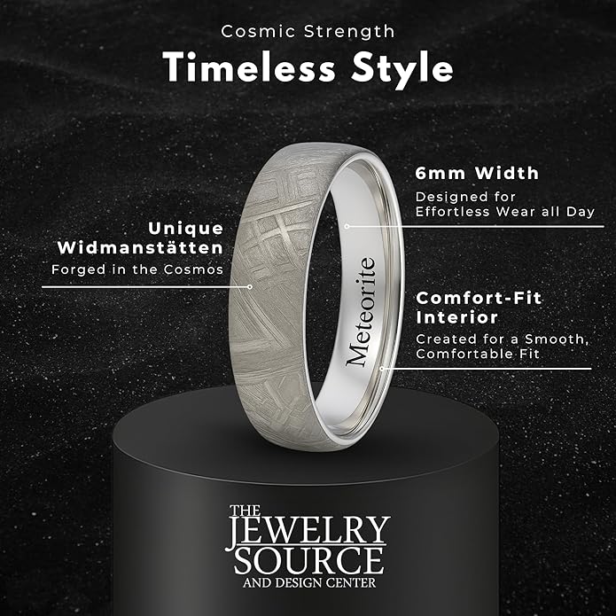 The Jewelry Source 6mm Gibeon Meteorite Men’s Wedding Band - Cobalt Chrome Ring - Genuine Meteorite Inlay - Comfort Fit