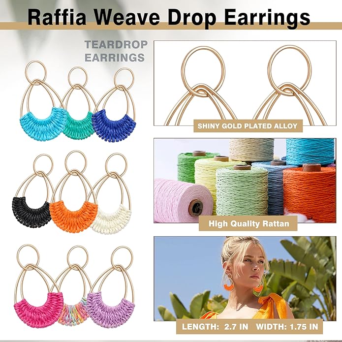 Raffia Hoop Earrings for Women Fun Boho Summer Beach Earrings Lightweight Handmade Straw Wicker Rattan Dangle Earrings Statement Geometric Round Drop Earrings