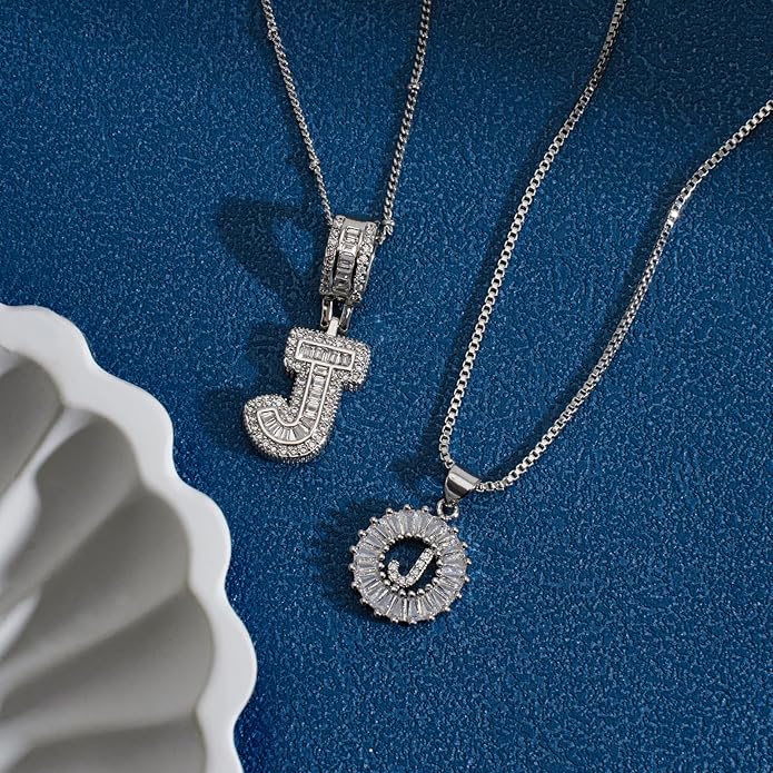 Initial Letter Necklace for Women 14k White Gold Silver Plated Dainty Necklaces Trendy Chunky Custom Layered Necklace Set Personalized Round Circle Zirconia A-Z Letter Chain Pendant Jewelry Gift