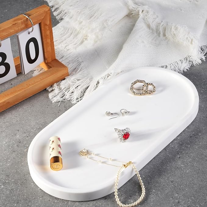 White Marble Oval Tray for Bathroom Countertop, Stone Perfume Organizer Tray - Image 9