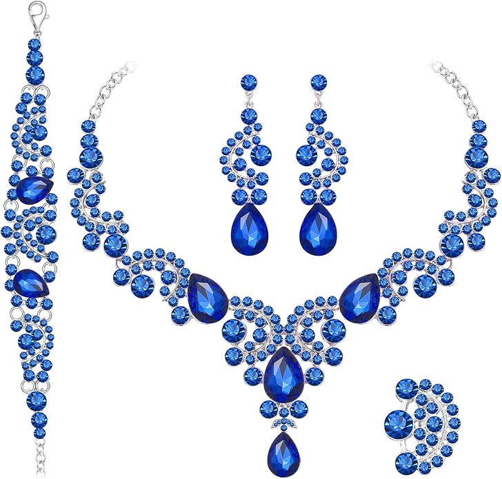 Crystal Bridal Wedding Jewelry Sets for Women Rhinestone Teardrop Crystal Statement Choker Necklace Drop Earrings Link Bracelets Rings Teardrop Jewelry Set for Brides Bridesmaids