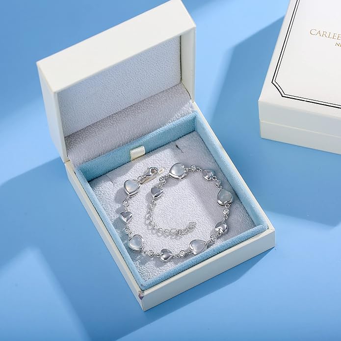 Carleen Birthstone Bracelets for Women 925 Sterling Silver Five Heart Station Created Gemstone Tennis Bracelet Jewelry Anniversary Birthday for Wife, 7"+1.2" Extender