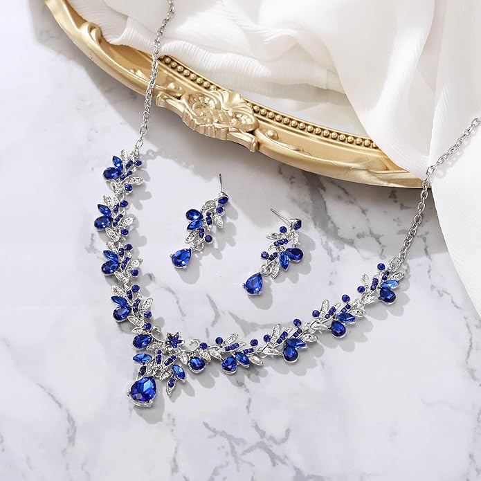 BriLove Women's Wedding Jewelery Set Leaf Flower Crystal Teardrop Marquise Cluster Pendant Necklace Dangle Earrings for Bridal Party