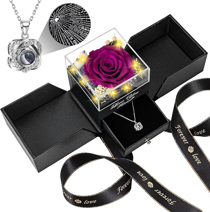 Preserved Purple Real Rose-Eternal Flowers Rose Birthday Gifts for Her Mom Wife Girlfriend Grandma on Valentines Mothers Day Christmas Anniversary Romantic with Heart I Love You Necklace-Purple