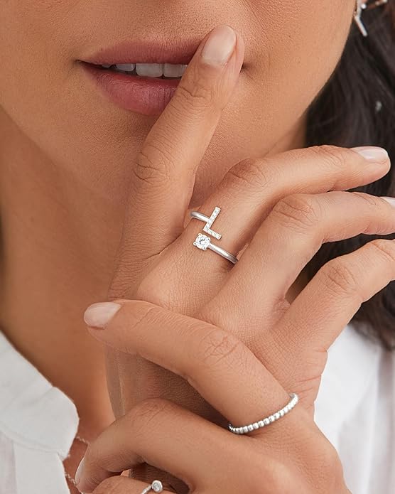 Valentines Day Gifts Gold Silver Initial Rings for Women Non Tarnish Dainty 14k Gold Plated Stackable Rings for Women Trendy Adjustable Letter Cubic Zirconia Pinky Ring Cute Open Birthday Gift Jewelry