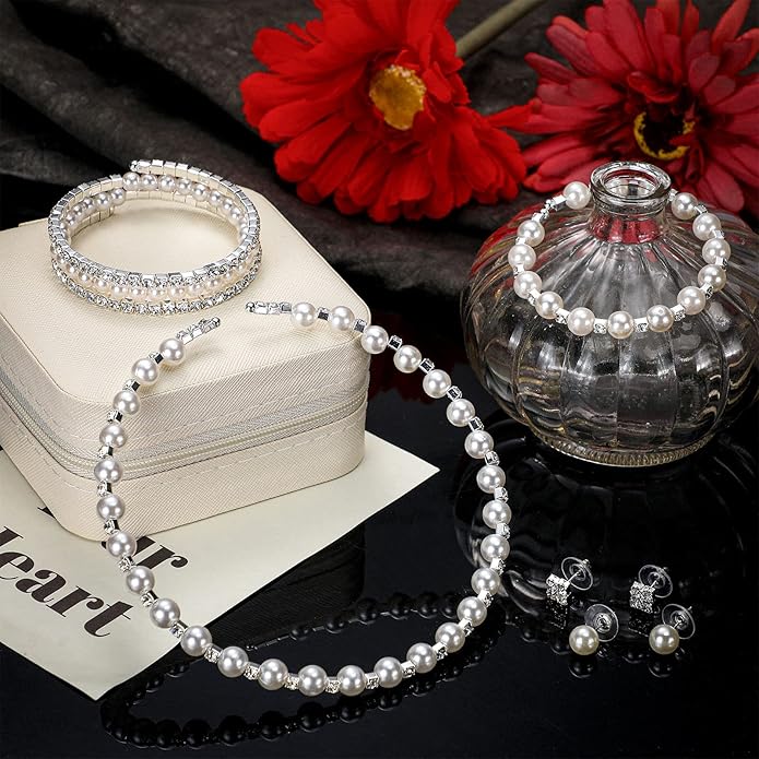 Glenmal Pearl Rhinestone Jewelry Set for Women Pearl Necklace Bracelet Earrings for Wedding Birthday Bridal Shower Tea Party