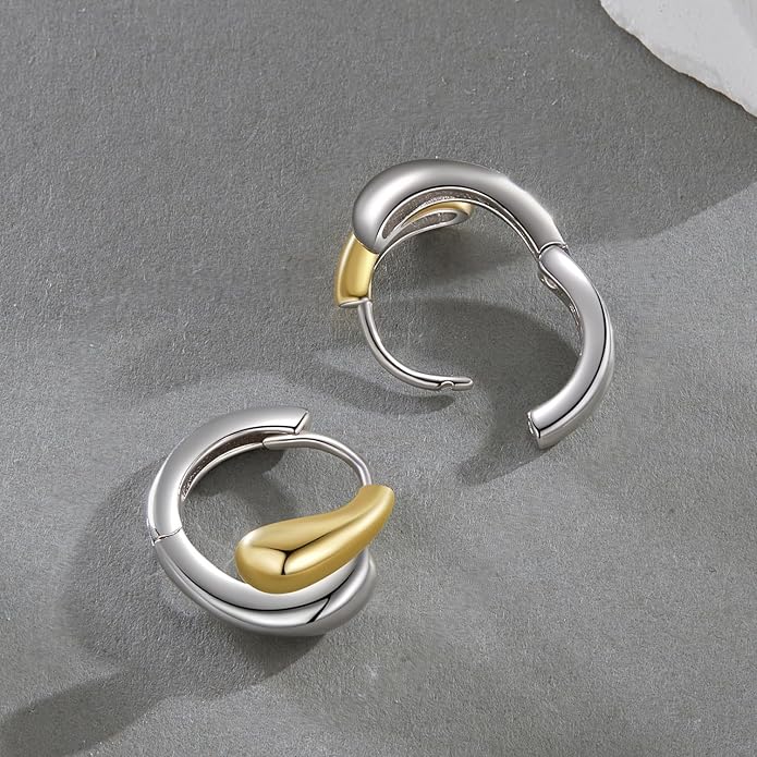WOSTU 14K Gold Plated Two-Tone Oval Hoop Earrings for Women, Water Drop Design Lightweight Huggie Earrings,925 Sterling Silver Posts Double Drop Chunky Hoops Hypoallergenic Ear Buckles