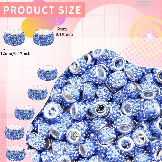 200Pcs Rhinestone Large Hole Beads Spacer Beads Light Blue European Craft Big Beads Large Hole Rhinestones Lampwork Murano Bead Fairy Wand Garden Bead for DIY Bracelet Necklace Jewelry Making Supplies