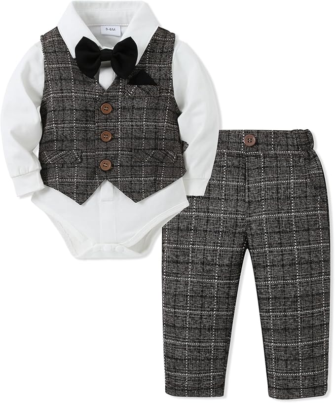 DISAUR Baby Boy Clothes Toddler Boy Outfits 4PCS Gentleman Dress Romper/Vest/Pants/Bow Tie Cotton Suit Sets