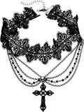 Black Lace Choker Gothic Cross Necklace Zinc Alloy Black Cross Pendant Layered Beads Necklace Halloween Punk Goth Jewelry Gift for Women