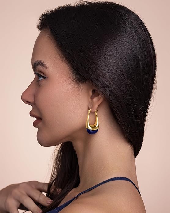 Long Oval Chunky Dangle 18K gold plated Hoops with Colored Resin Gemstone Statement Earrings for Women by SNGIA, (Green, Brown, Blue, Pink, White, Cream), Bold Drop Handmade Exaggerated Irregular Trendy Bohemian Jewelry Gifts, Unique Dangling Teardrop ...