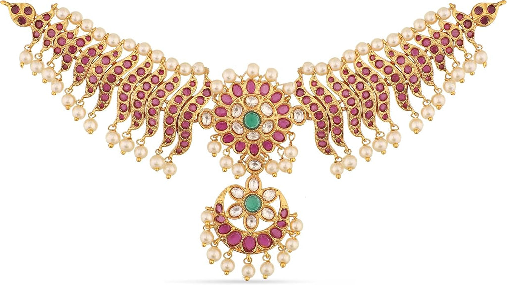 TARINIKA Brass Indian Choker Necklace Set - Gold Plated Cubic Zirconia Indian Jewelry Sets for Women Dangle, Drop, Jhumka Earrings Traditional Desi Necklace Pearls Gift for her
