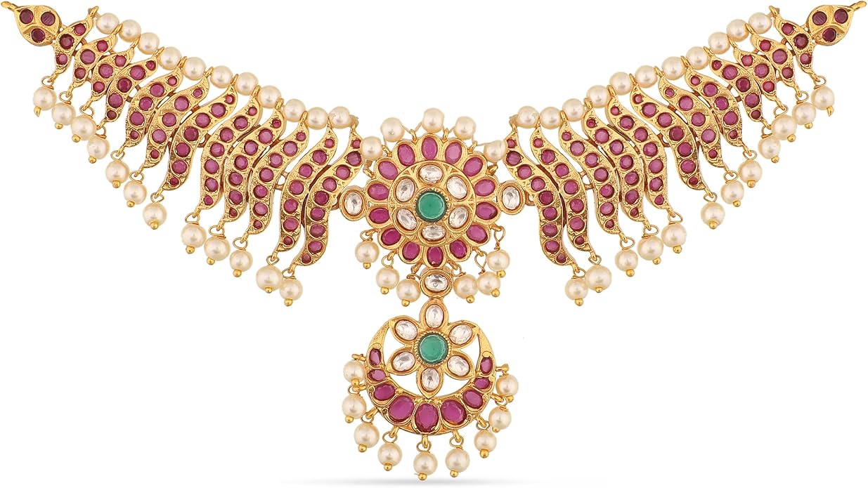 TARINIKA Brass Indian Choker Necklace Set - Gold Plated Cubic Zirconia Indian Jewelry Sets for Women Dangle, Drop, Jhumka Earrings Traditional Desi Necklace Pearls Gift for her