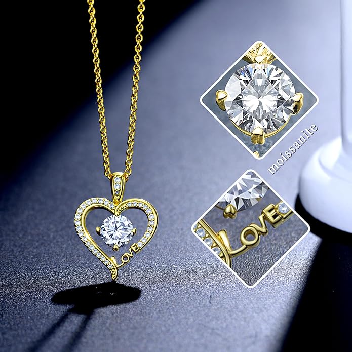 Moissanite Heart Necklaces for Women, 1-3 Carat Moissanite 925 Sterling Silver Love Jewelry, Valentines Day Birthday Wedding Anniversary Engagements Gifts for Women Wife Girlfriend Mom Her