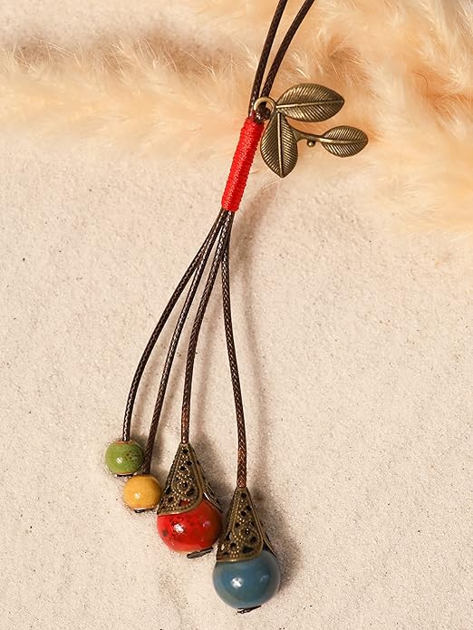 MINACHI Vintage Bohemian Leaf Charm Colorful Ceramic Bead Long Y Necklace, Boho Jewelry Gift for Women